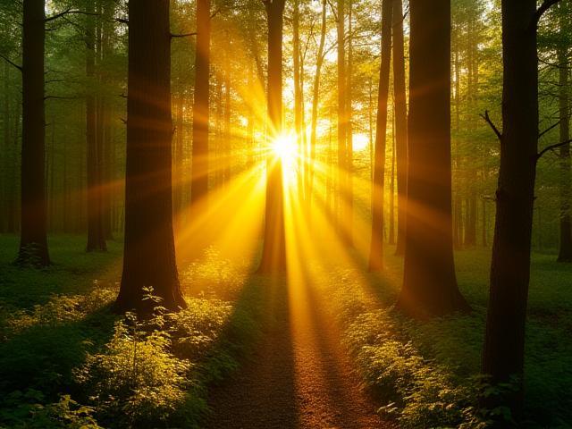प्राकृतिक नज़ारे की फोटोग्राफी जिसमें जंगल और सूर्य की किरणें